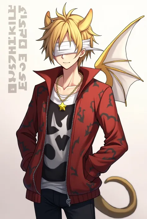 Male anime character wearing a white blindfold, short gold hair, wearing a red sweater with black patterns, unzipped, wearing a black and white undershirt, wearing black pants, wearing a gold star necklace, having a dragon horn on the right side, having a ...