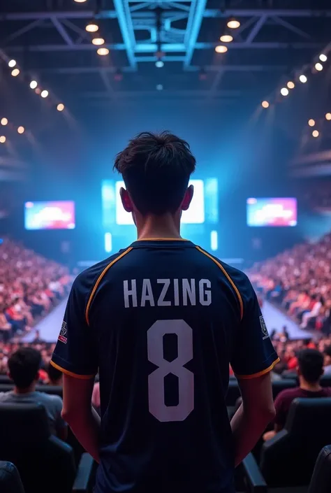 A Bgmi esports Gaming auditorium in which a young men is standing  and on his jersey name is written HAZING with jersey number 8 and overall  image is from back 8K image 