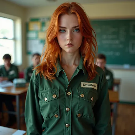 (best quality,4k,8k,highres,masterpiece:1.2),ultra-detailed, 1woman, Irish goddess Brigid as a college student, Auburn hair, wearing a mechanics jumpsuit, confronting the viewer in a college classroom, HDR, 8k, absurdres, cinestill 800, sharp focus, ((intr...