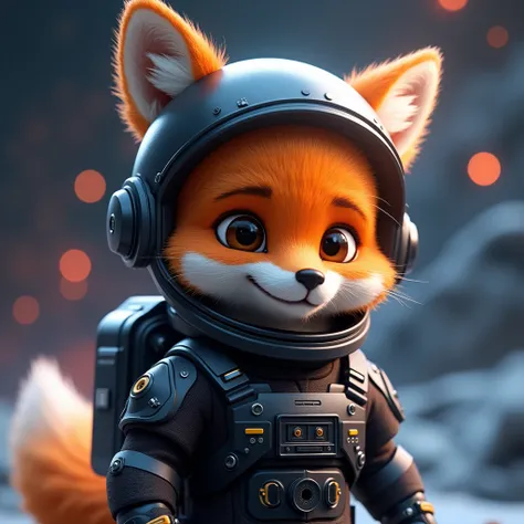 A Zoom-out, of an adorable,  anthropomorphic orange fox with large, expressive brown eyes and fluffy fur. He is wearing a black astronaut suit that is high-tech, with various buttons, patches, and gadgets. The background is a futuristic place and have holo...