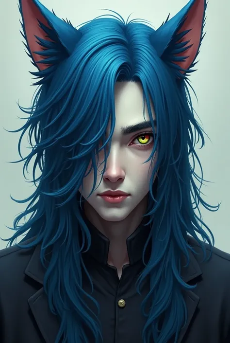 Blue haired man, green left eye, red right eye, hair covering left eye, long hair, cat ears
