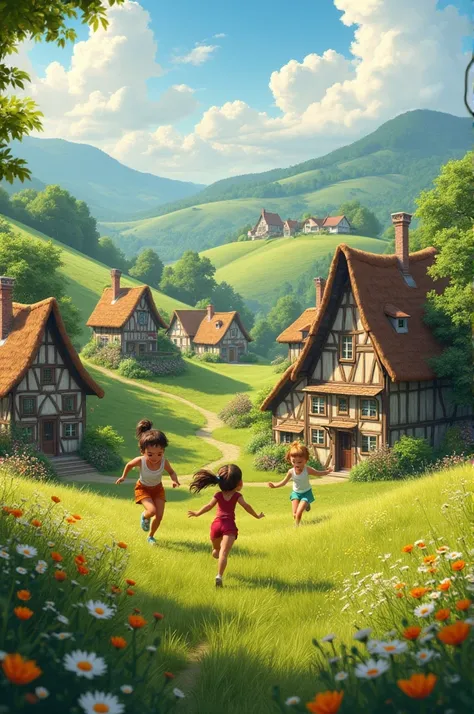 Village Scene: A picturesque village with quaint cottages surrounded by rolling hills, bathed in warm sunlight. Children playing in a lush, green meadow filled with wildflowers.
