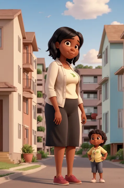 Create a realistic, full HD vertical image, Disney Pixar style. A modern-day image of a slightly overweight black woman with straight, short, shoulder-length hair that is neatly combed. The scene is set in a low-income housing complex in Brazil. All the ho...