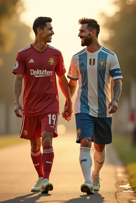  Ronaldo and messi is walking together and they are hagged together and they are seeing each other happy
