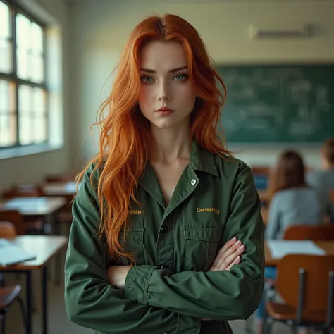 (best quality,4k,8k,highres,masterpiece:1.2),ultra-detailed, 1woman, Irish goddess Brigid as a college student, Auburn hair, wearing a mechanics jumpsuit, confronting the viewer in a college classroom, HDR, 8k, absurdres, cinestill 800, sharp focus, ((intr...