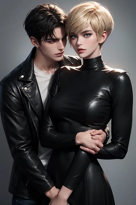 A tall handsome young man with black hair, short bangs, black eyes, he is wearing a leather jacket and jeans and he hugs an incredibly beautiful femme fatale young woman, she has a blond hair with a pixie cut standing next to him, she has brilliant green e...