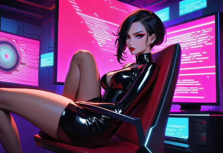 In a darkened, dimly-lit cyberpunk bar, a stunning femme fatale reclines on a sleek, metallic stool, her piercing gaze locked onto the protagonist as she seductively pouts, showcasing her luscious, bright red lips. The large LCD screen behind her displays ...