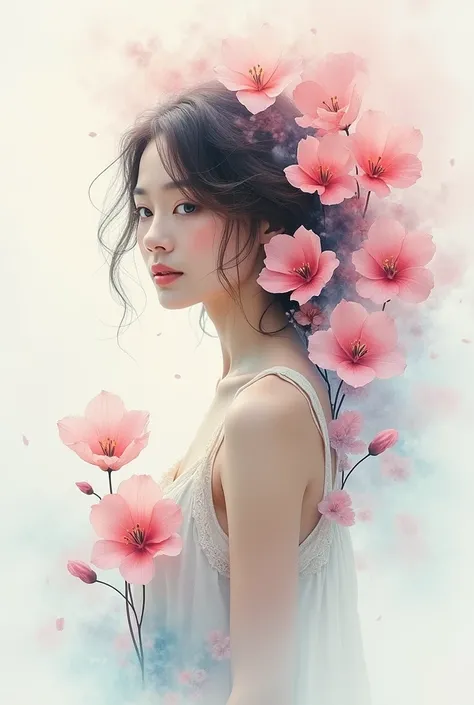 1girl,flor, Lisianthus ,En el estilo de rosa claro y azul claro, dreamy and romantic compositions, pale pink, ethereal foliage, playful arrangements,fantasy, alto contraste, ink strokes, Explosiones, over exposure, purple and red tone impression , abstract...