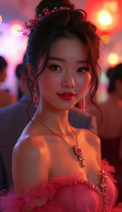 
Natural Ruby Inca Rose Japanese woman wearing a ruby necklace and off-the-shoulder dress inspired by pink tourmaline、With makeup that matches her cute smile, and a party venue in the background、She looks at you with her pretty eyes and smiles