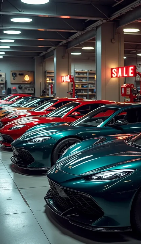 Make me a picture of luxury cars lined up,and there is an inscription FOR SALE WITH the background of a car garage 