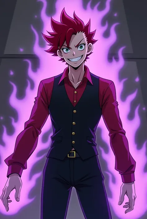  2, 
Male,
he has  dyed red slicked hair, he has heterochromia left eye green and his right eye blue. 
he wears a red work shirt with a black waist coat and suit pants. Smiles like a deranged clown,
Has purple fire powere,

My hero academia anime style