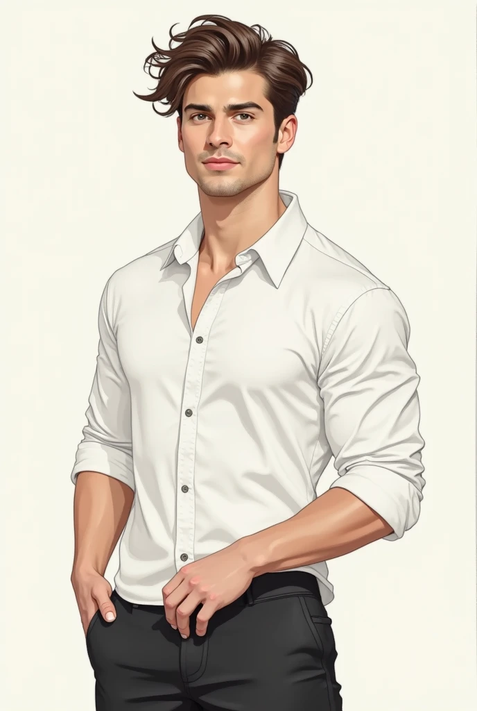 (realism but looking drawn) a 20 year old guy, diamond face, medium length -wavy hair, fit, black pants, white shirt , hot.

