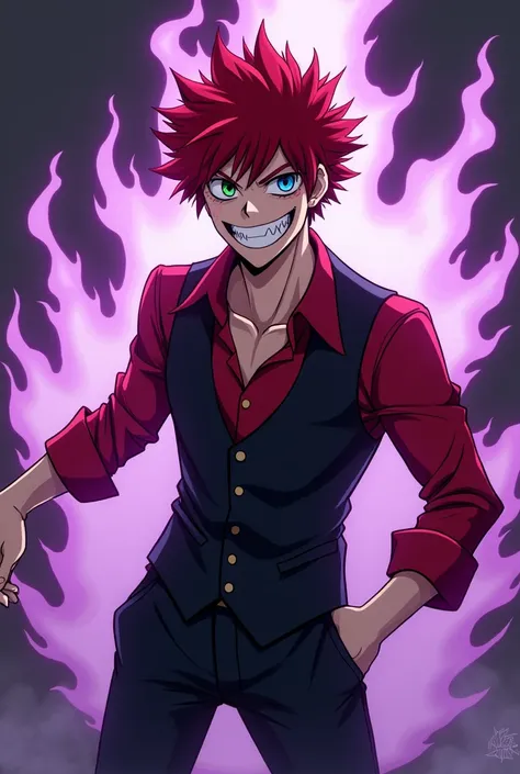  2, 
Male,
he has  dyed red slicked hair, he has heterochromia left eye green and his right eye blue. 
he wears a red work shirt with a black waist coat and suit pants. Smiles like a deranged clown,
Has purple fire powere,

My hero academia anime style