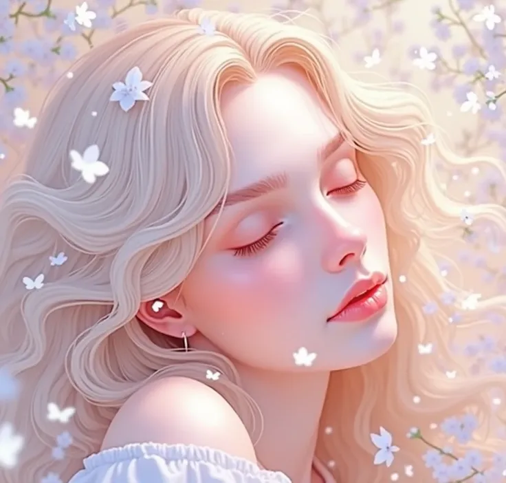 Beautiful woman in her 20s、In the backlight, the light shines through her hair.、White flowers are dancing、Woman has her eyes closed、Blonde permed long hair、The whole place is enveloped in yellow light.