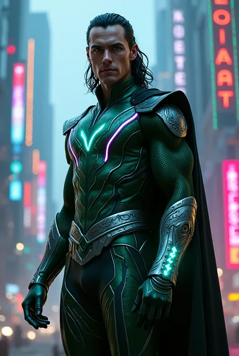 A 4k ultra hd photo Loki Marvels superhero cyberpunk futuristic suit neon lighting 