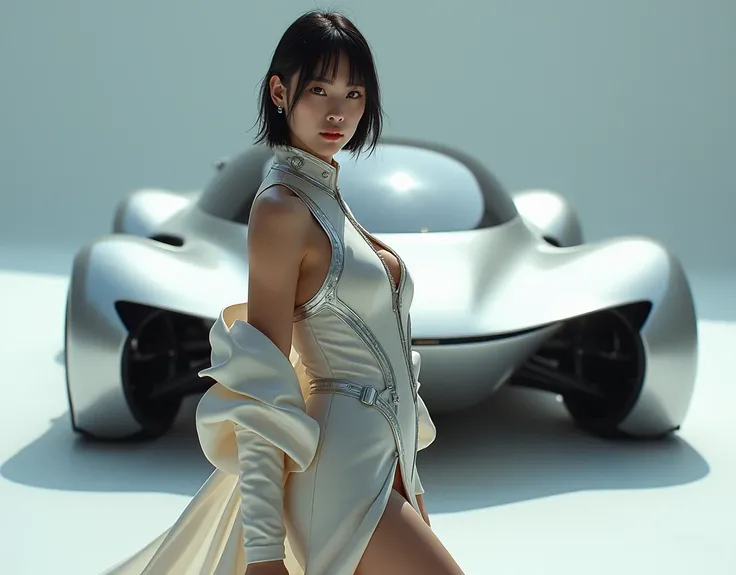 A Japanese woman promoting a concept car, A futuristic flying concept car, An elegant race queen-like outfit, The main focus is on concept cars,