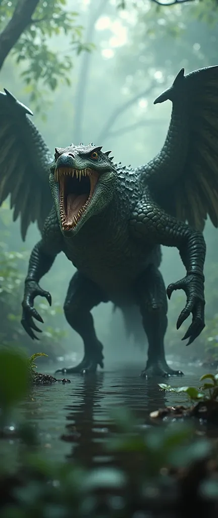 Emerging from a murky swamp, a monstrous crocodile-hawk hybrid stalks its territory. Its scaled body glistens with water, but its head is adorned with a formidable beak and sharp, predatory eyes that scan the jungle for prey. Jagged wings sprout from its b...