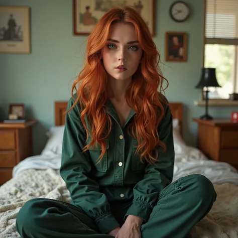 (best quality,4k,8k,highres,masterpiece:1.2),ultra-detailed, 1woman, Irish goddess Brigid as a college student, Auburn hair, wearing a mechanics jumpsuit, sitting on a bed in a dorm room, HDR, 8k, absurdres, cinestill 800, sharp focus, ((intricate detail))...