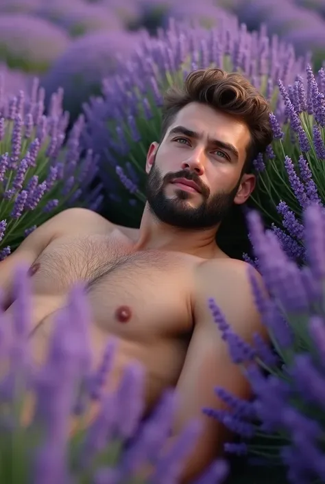 handsome slim bearded hairy man with trimmed pubic hair being naked lying into lavender field