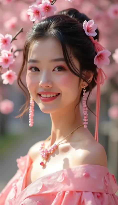 
A Japanese woman wearing a pink tourmaline necklace inspired by natural ruby Inca rose pink tourmaline and a dress inspired by cherry blossoms、With makeup that matches her cute smile, and a wedding venue in the background、I look at you with kind eyes and ...