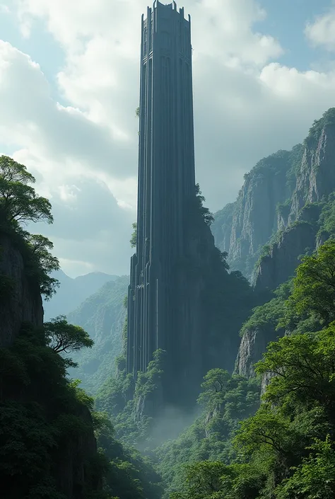 Tall black tower, standing on a mountain in the middle of the jungle