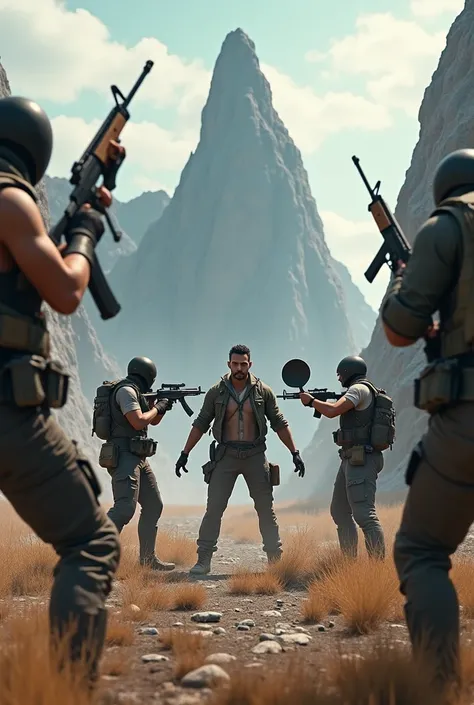 "At the old Peak in Free Fire, a tense standoff unfolds. You face four enemies armed with different guns, but you stand confidently with only a pan in hand. The iconic Peak background looms behind, with rugged terrain and towering cliffs. The intensity of ...