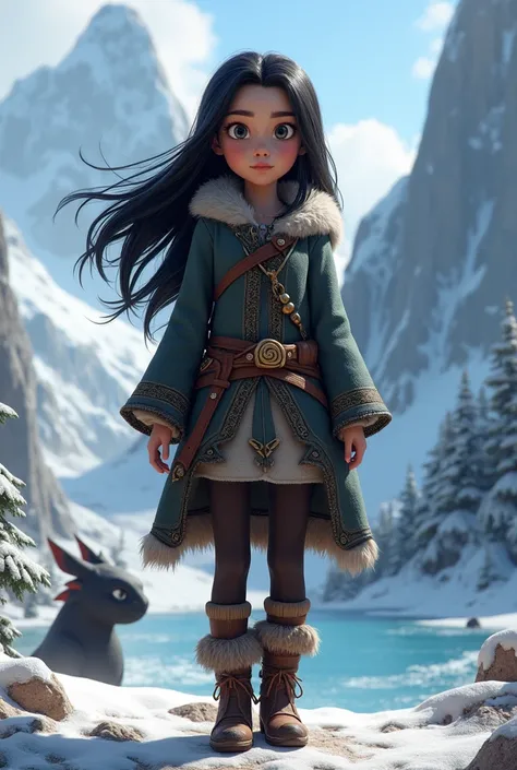 Girl with black hair version How to train your dragon from Dreamworks in Nordic style 3D animation