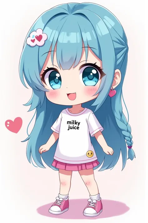 Cute girl, big sea blue eyes, Long sky blue hair above her shoulders, beautiful simple earrings, embroidered bangs, pink lips, smile, sexy body, big breasts, wearing a white t-shirt that says "milky juice", wearing a short pleated skirt, wearing heart shap...