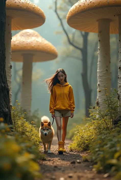 photographie miniature、best quality、masterpiece&#39;work、Photos RAW、grain du film、very detailed、Giant Mushroom Forest、Looking up at the fille、fille:1.37、Brown hair、joli visage、Yellow boots、sweat à capuche jaune、Jupe-culotte、Walking a Shiba Inu、Angle vu d&#...