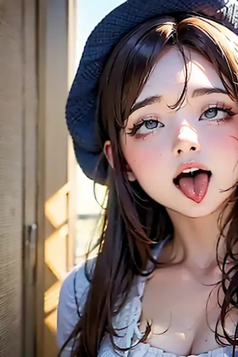 stick out tongue,detailed eyes,high-definition image, (((round face))), eyes realistic sizing, realistic skin, drooping eyes, sm...