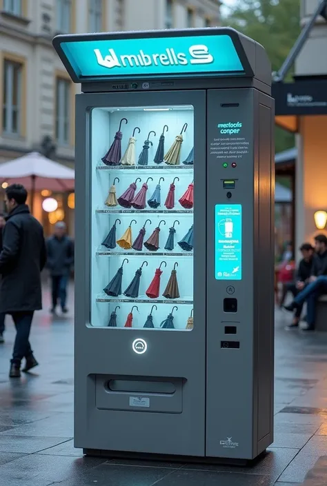 Umbrella vending machine with touch screen system, clear umbrella return channel, umbrella rental, umbrellas of various sizes and coin slot.