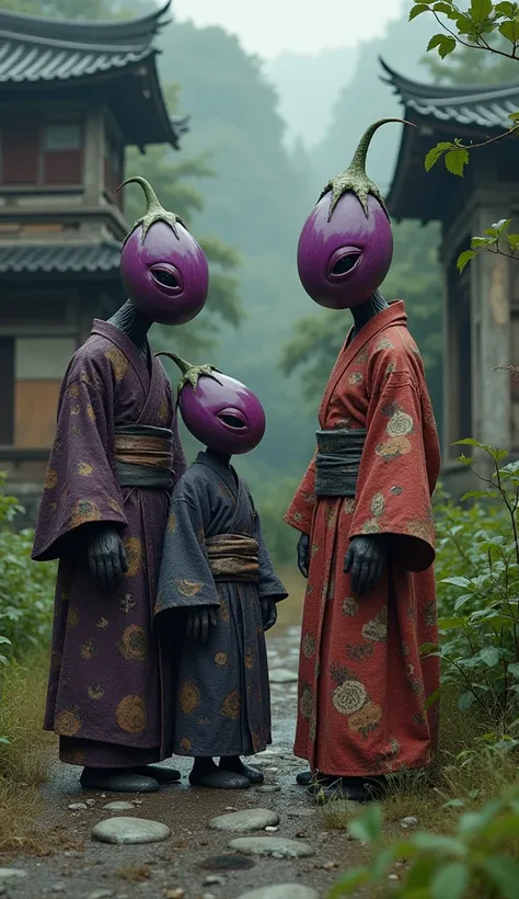 Family of purple eggplant-headed supernatural creature humanoids　Spirited Away　Creepyな表情で談笑をしている　Creepy　Japanese Horror　Ruins in the mountains of Japan　Wearing a kimono　4K 8K Realistic　Masterpiece