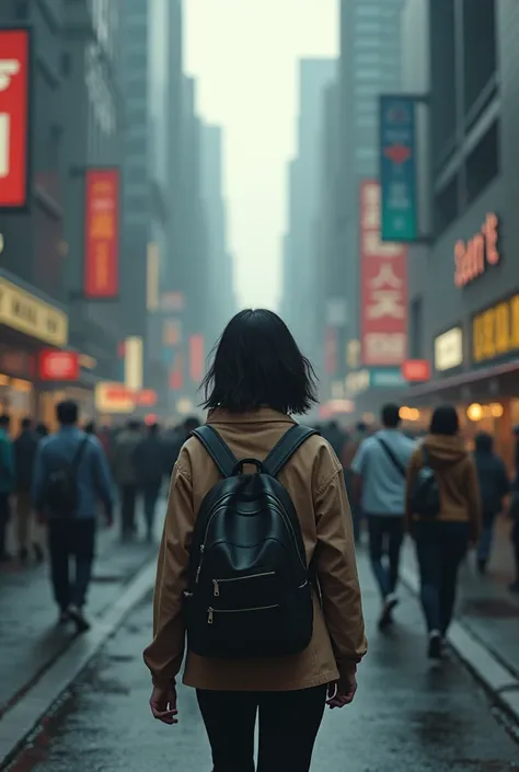 A realistic, high-definition scene of a heartbroken high school girl walking alone through a bustling city, looking lonely. The view is from behind and at a high angle."