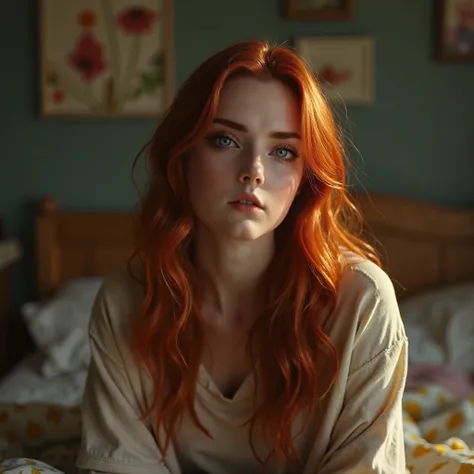 (best quality,4k,8k,highres,masterpiece:1.2),ultra-detailed, 1woman, Irish goddess Brigid as a college student, Auburn hair, sitting on a bed in a dorm room, HDR, 8k, absurdres, cinestill 800, sharp focus, ((intricate detail)),(((realism))), HDR, 8k, absur...