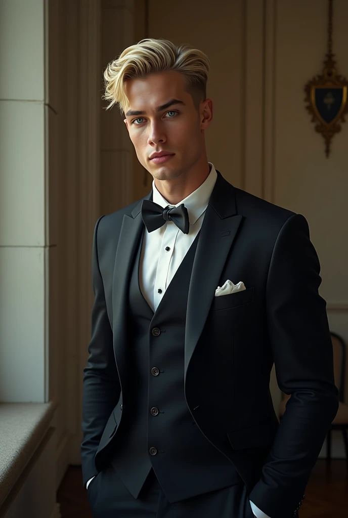 Young Brazilian man with straight wavy hair "black hair dyed blonde on top" and piercing blue eyes and an athletic body, attractive, muscular, posture of a perfect gentleman, But he likes a determined, courageous and original woman.!, his wife!light skinne...