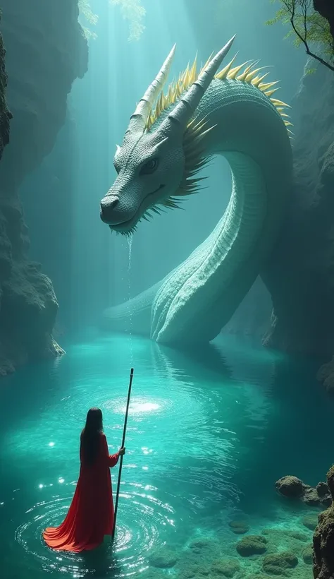 A captivating scene features a person in a flowing red robe standing gracefully in water, holding a long staff. The vast scale and majesty are highlighted by a colossal dragon, emerging with a serpentine body and detailed scales that glimmer beneath the cl...