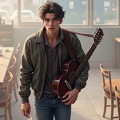 a handsome young man in a cafe, playing guitar, wearing a baseball jacket, holding a cup of coffee, facing forward, realistic portrait, photorealistic, detailed, cinematic lighting, warm color tones, high-quality, 8k, intricate details, masterpiece