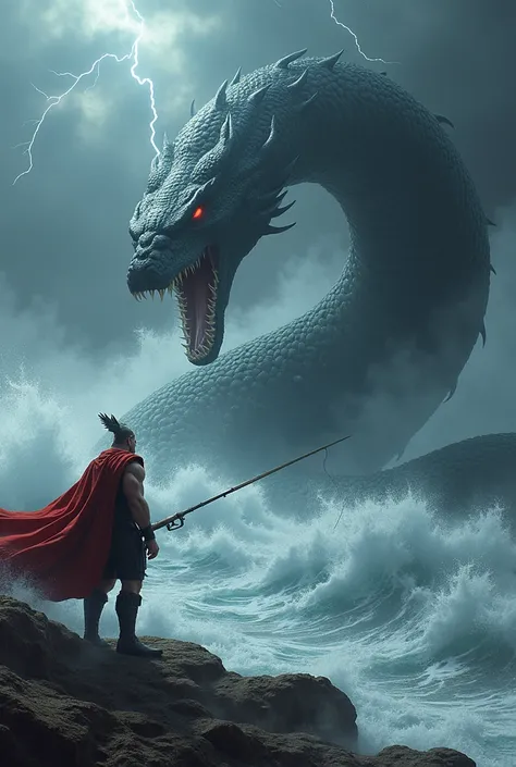 make a picture of thor fishing the world serpent, in a storm 