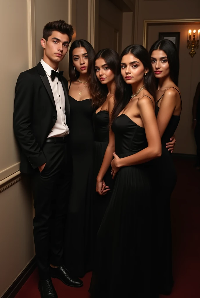 Two handsome young boys. Two young desi face cut girls. Ware elegant black party dress.  Backside mirror selfie. Dont show their faces. Just backside. Two boys + two girls= four people. Only one girl have long hair