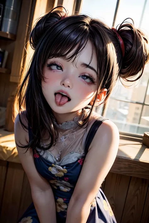 stick out tongue,detailed eyes,high-definition image, (((round face))), eyes realistic sizing, realistic skin, drooping eyes, smiling, ((various patterned feminine casual long dress)), (strong sunlight, old fashion), skyscrapers, hair up, ahegao:1.5,roll o...