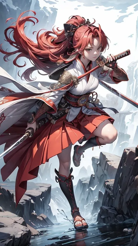 、(Best Quality:1.2, Very detailed, up to date, A lonely look, Ultra-high resolution, High Contrast, masterpiece:1.2, Best Quality, Best aesthetics), cute,Red hair and red hakama、A young samurai girl holding a large sword high, Black sharp gaze, Glamorous p...