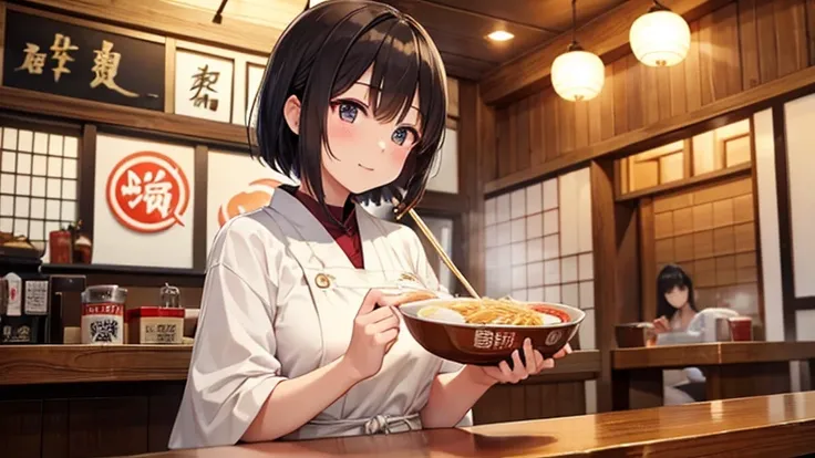 At the wooden counter of a ramen shop、Holding chopsticks with both hands in front of steaming ramen、A woman preparing to take a bite of ramen。The sight of her gazing at the ramen with sparkling eyes、Create an appetizing scene。