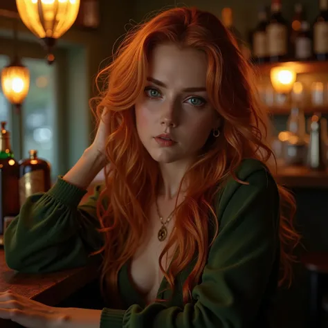 (best quality,4k,8k,highres,masterpiece:1.2),ultra-detailed, 1woman, Irish goddess Brigid as a college student, Auburn hair, hanging out in a bar with the viewer, HDR, 8k, absurdres, cinestill 800, sharp focus, ((intricate detail)),(((realism))), HDR, 8k, ...