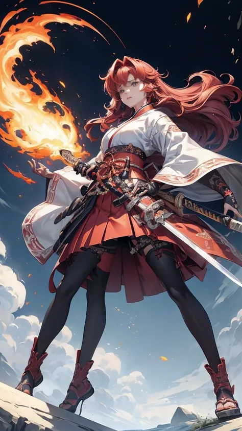 、(Best Quality:1.2, Very detailed, up to date, A lonely look, Ultra-high resolution, High Contrast, masterpiece:1.2, Best Quality, Best aesthetics), cute,Red hair and red hakama、A young samurai girl holding a large sword high, Black sharp gaze, Glamorous p...