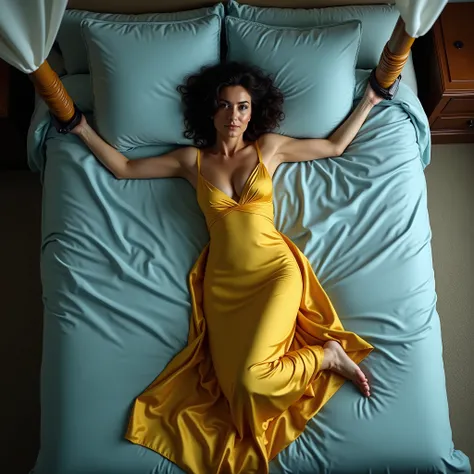 (TOP VIEW), (YES SFW), A Spanish gorgeous woman at age 46 wearing a long satin yellow dress, face on the pillow, face down on the pillow. her hands and feet handcuffed to a canopy bed. Light blue linen, (you cant see her face), (only her backs and shoulder...