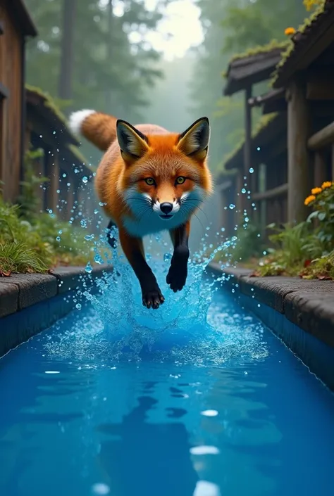 While running fox stumbles and falls into a vat of blue dye.