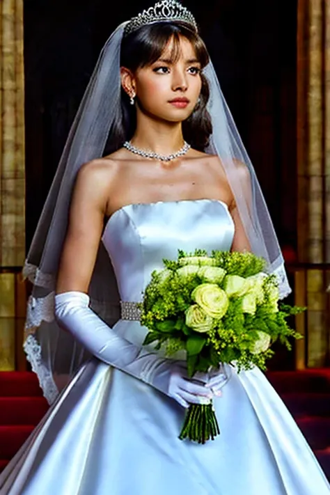 lisa manoban, wearing a white satin ballgown wedding dress, opera gloves, veil, tiara, bow belt, holding bouquet, walking down t...