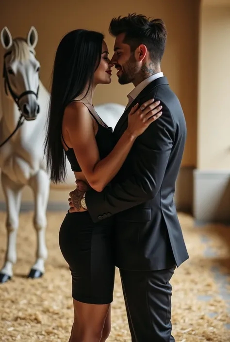 Real Photo In a block of the Royal Palace, with a straw floor and a white horse .We see beautiful pretty woman, 3 long straight black hair. Wears a pencil skirt, black heels,red lips, smile . Hugs a 3 man , model,handsome, attractive, with disheveled black...