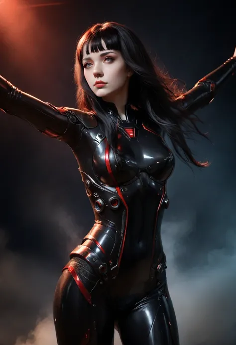 stunning, pretty woman, live-action, realistic, white skin, raven-black hair, hime cut, long, flowing locks, geometric,  fully covered, no skin, futuristic covered suit, neon futuristic led light , metallic spherical armor, red accents, intricate, neon-lit...