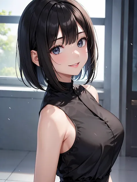 ((Best Quality、High resolution))、(((One girl))), Upper Body、Beautiful woman、Alone、Black Hair、Long bob cut、smile、Black dress、Short sleeve、stand、